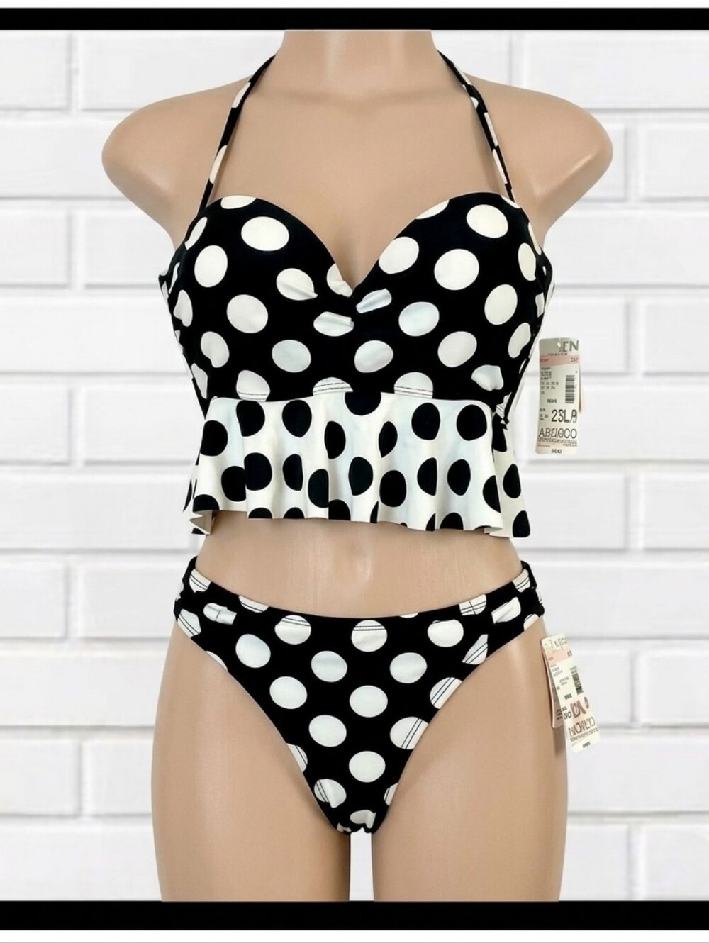 BONGO 2 Pc Ruffle Midkini, Black Polka Dot, Large, Cute!!!